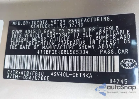 2011 Toyota Camry Le z USA, uszkodzony, nr VIN 4T1BF3EK0BU585334